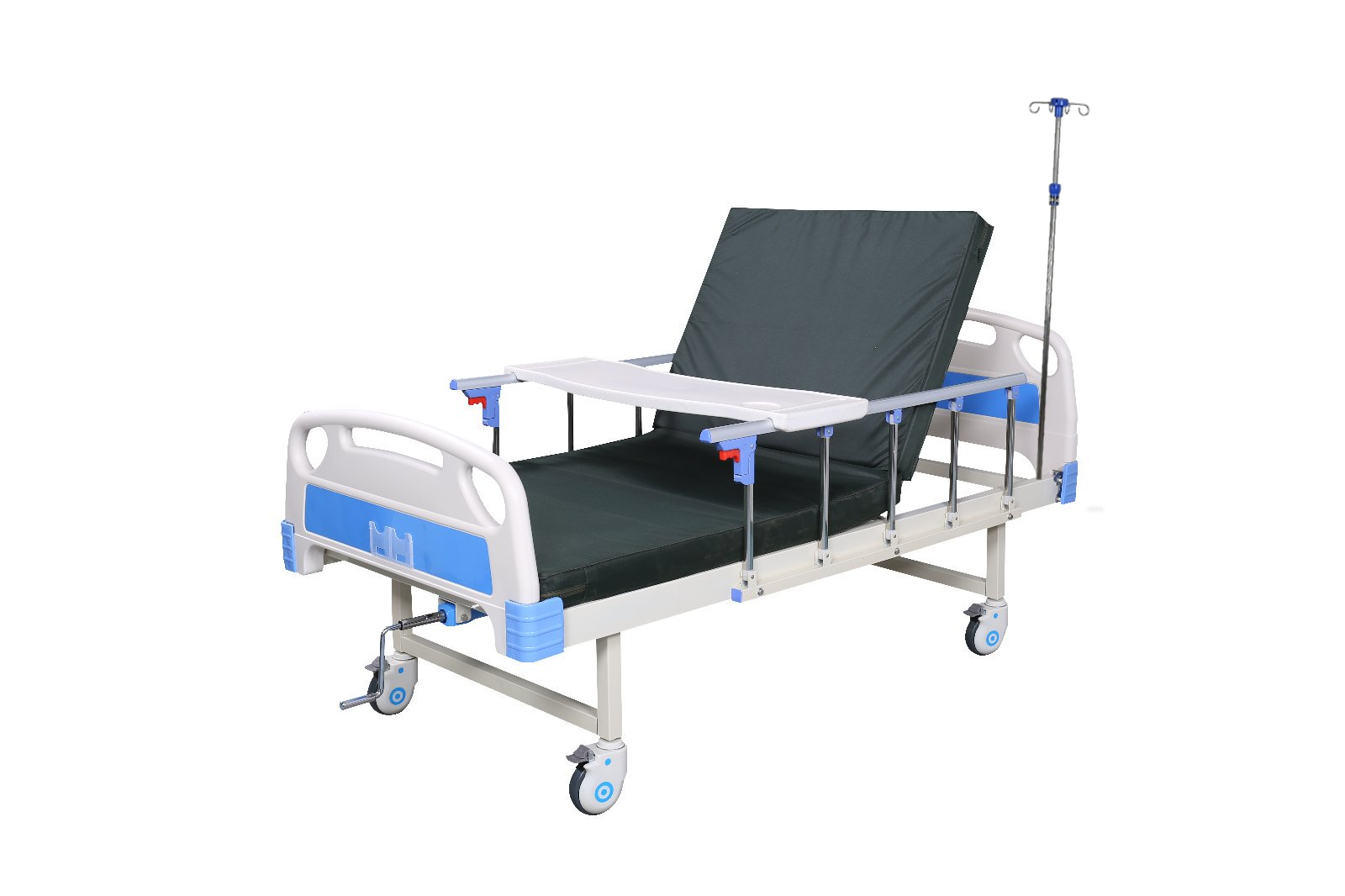 Single crank bed: ABS headboard & footboard + casters + 8cm mattress (4cm coir fiber + 4cm 35D foam) + 5-post aluminum-steel guardrail + PP dining table + infusion stand. Mattress cover: 300D Oxford cloth.-0