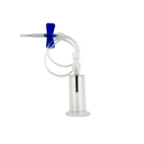 Disposable sterile winged blood collection set (butterfly needle), green wings, with vacuum blood collection tube holder.